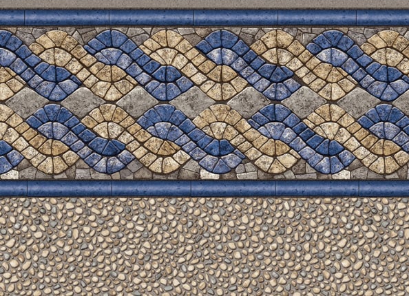 Gulf Coast/tan seastone vinyl liner pool pattern with a beige and blue border. 