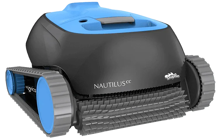 Dolphin Nautilus CC robotic pool cleaner from Maytronics. The cleaner is largely dark-gray with light-blue on the top and sides of the tread wheels. The cleaner also features a front-brush, above which states "Nautilus CC" and the Dolphin logo. The Maytronics logo can be seen on the side of the inner-tread.