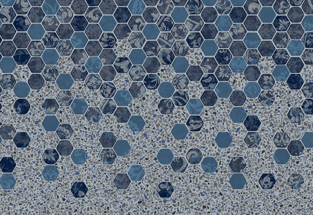 Gray and blue falling esagono vinyl liner pool pattern. 