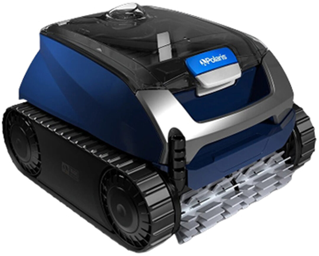 Polaris Epic 8640 robotic pool cleaner. The cleaner has black treads and a gray front-brush and a predominantly navy-blue body with black and silver accents. The Polaris logo is on the top/front of the cleaner above the front-brush.