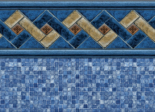 Blue mosaic with mountain top vinyl liner pattern from Latham Pools. Bottom of liner is comprised of light and dark blue checkered squares below a border with yellow and blue lines crossing each other horizontally.