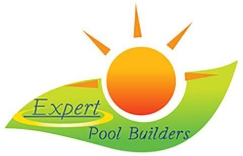 Expert Pool Builders logo. Graphic image of an orange sun eclipsing the top of a green leaf. "Expert" is underlined and to the left of the sun. "Pool Builders" is below the sun.