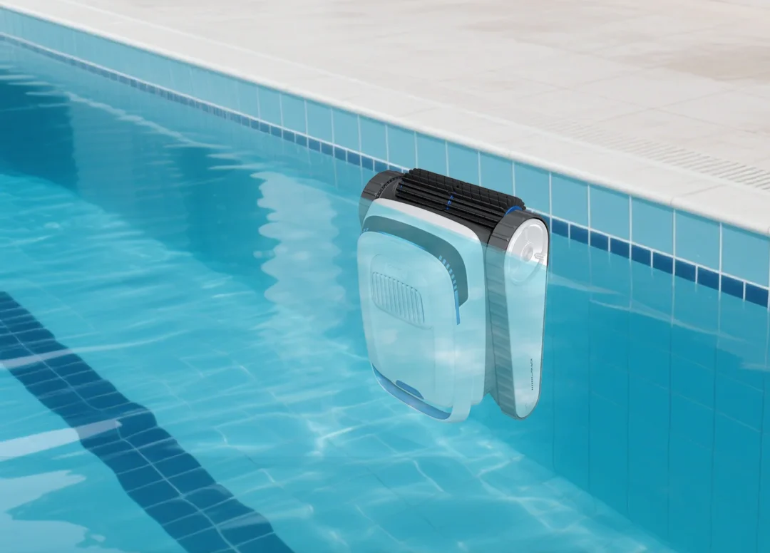 Digital 3D image of a white and black robotic pool cleaner sitting at the top of the water in n inground swimming pool. The front brush and treads are above the waterline.