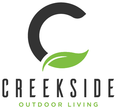Creekside Outdoor Living logo. "Creekside" is in black, "Outdoor Living" is below it in light-green. Above the words is a large C. The top two-thirds of the C are black while the bottom third is light-green, resembling a leaf.