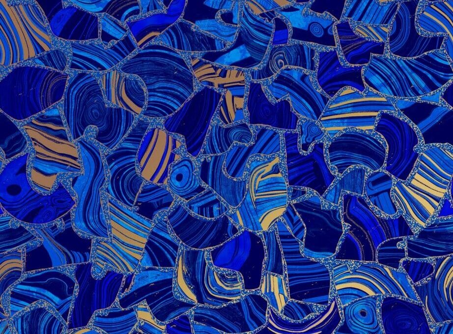 Harmony vinyl liner pattern from Latham Pools. Circular and semi-circular swirls of dark blue with yellow and gold line accents. 