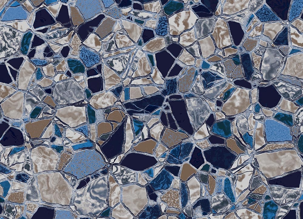 Pearlstone vinyl liner pattern from Latham Pools. Crystallic shards of light brown, grey, silver, light blue, and dark blue comprise the liner and image. 