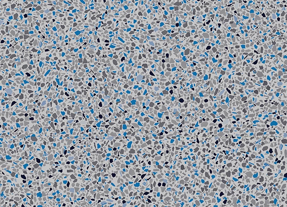 Grey crystal vinyl liner pattern from Latham Pools. Grey background atop which lie hundreds of blue, grey, and black graphic shards. 
