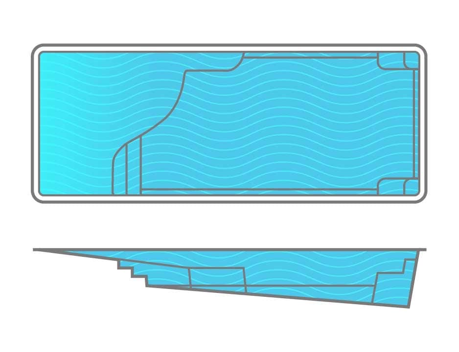 Graphic aerial and side-profile view of a grace-beach entry fiberglass pool from Thursday Pools.