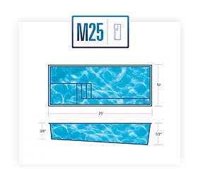 An overhead and profile graphic layout of a rectangular fiberglass pool that is ten feet wide, twenty-five feet long, with a gradual depth of three feet, eight inches to five feet, two inches. "M25" with a smaller graphic image of the pool is in a blue box above the pool graphic image.