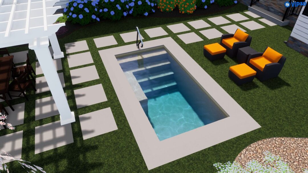 A 3D graphic overview of a small inground swimming pool with a white pergola to the left of it and two black and orange lounge chairs to the right of it.