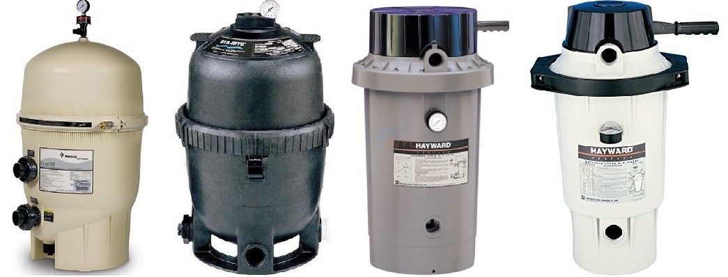 Four different types of diatomaceous earth pool filters side-by-side. 