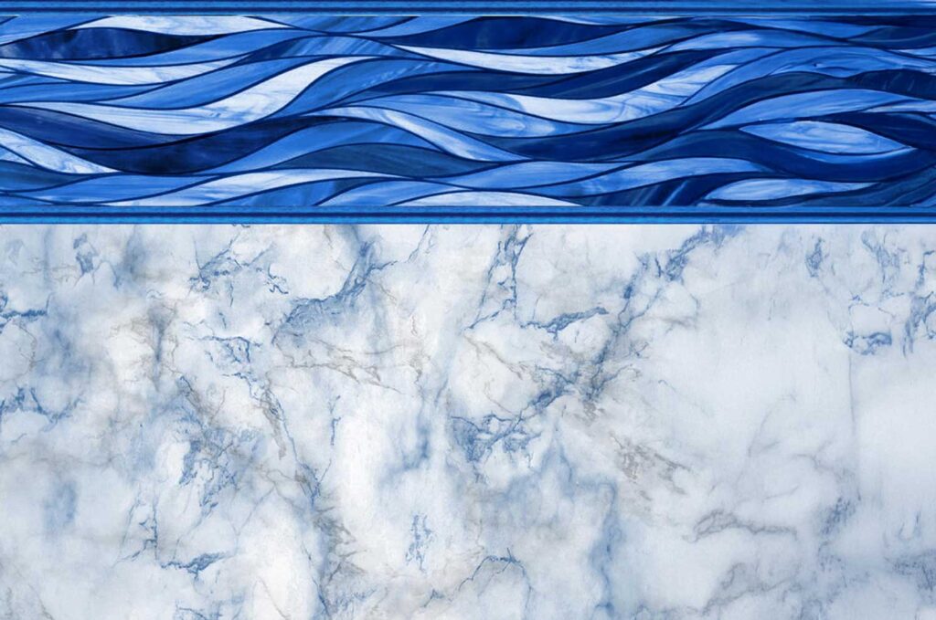White marble vinyl liner pattern with santorini border from Latham Pools. White marble bottom with a flowing blue and white border with multiple swirled sections broken apart at the top of the image. 