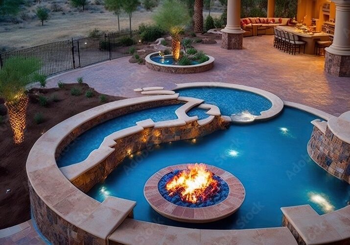 Photo of a circular spa with a fireplace near the edge. The spa is raised above the rest of the concrete patio. In front of the spa on the patio are two pillars.