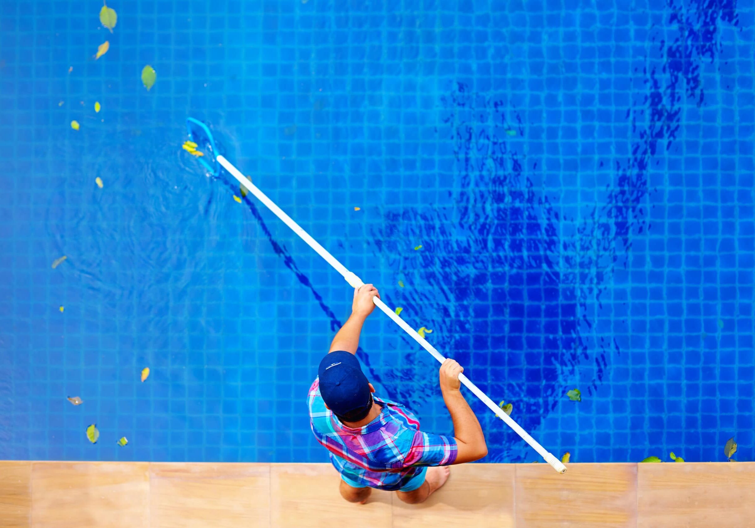 young adult man, personnel cleaning the pool from leaves