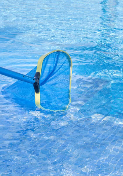 A close up of a net skimming a swimming pool.
