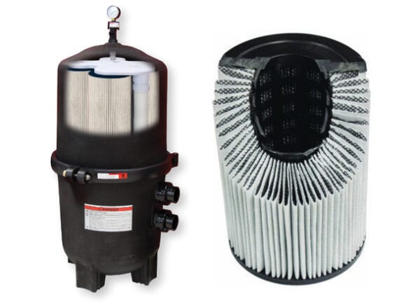 Closeup image of a tall, black pool cartridge filter that has been edited to show the cartridges on the inside. next to the filter is a closeup image of a cartridge that has been cut to show each folded cartridge component.