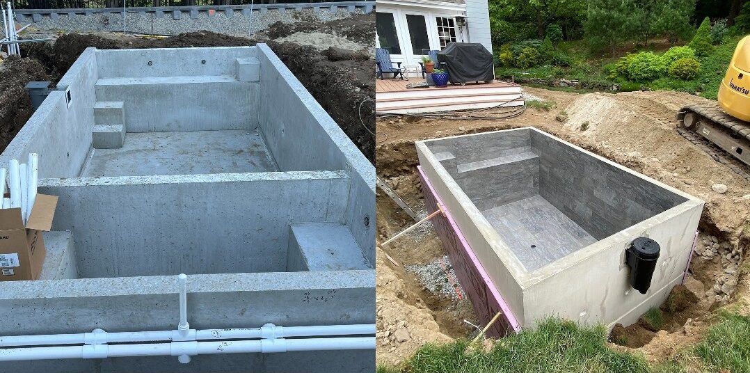 Side-by-side photos of inground concrete plunge pools sitting in dug-out holes. Each pool is surrounded by dirt and empty of water. 